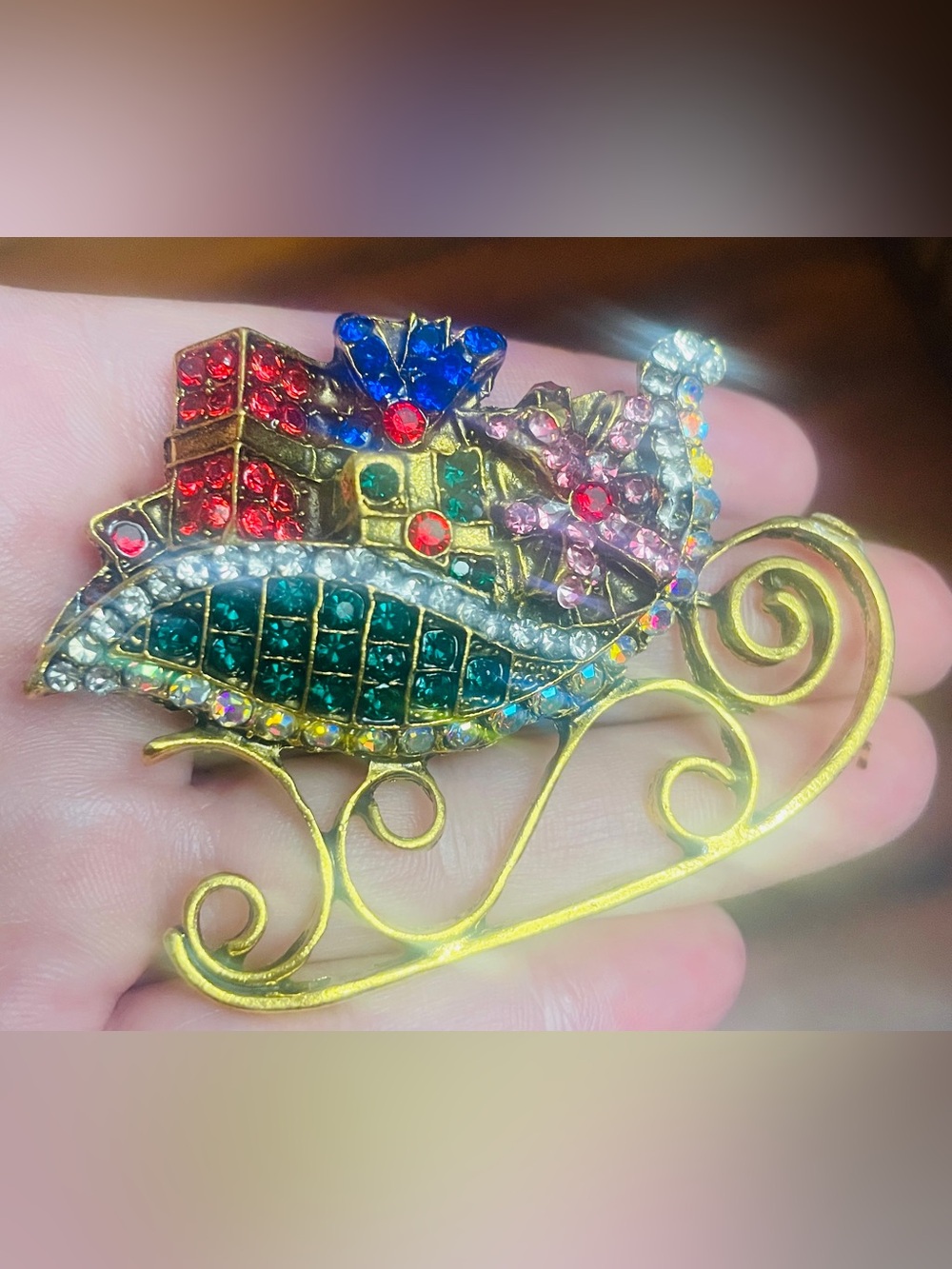 Christmas Sleigh Crystal Brooch Pin